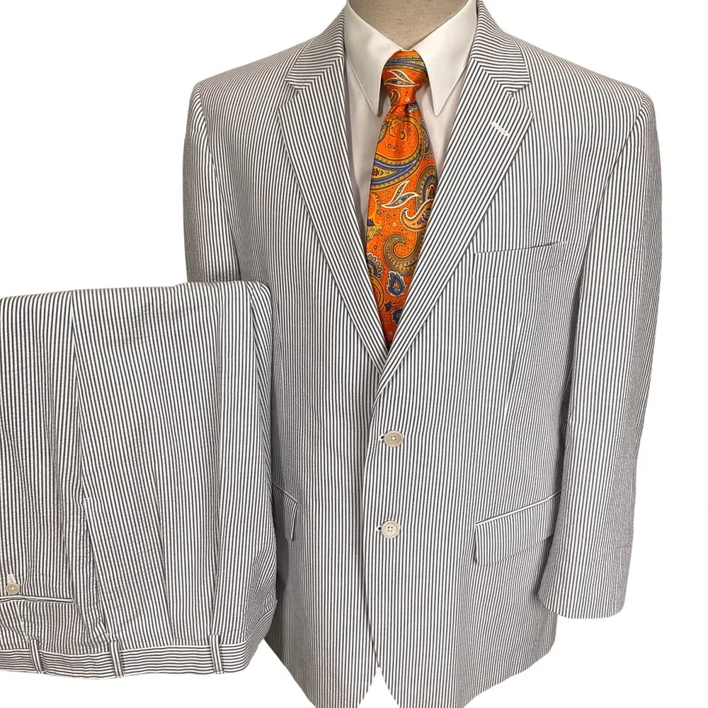 Jos A Bank Suit Mens 44R Blue White Seersucker 2-Pc Cotton